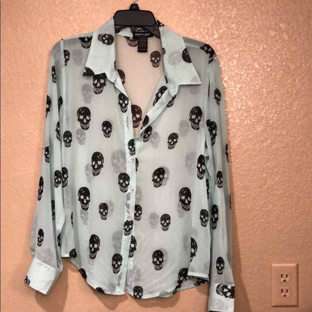 Teal skull sheer top